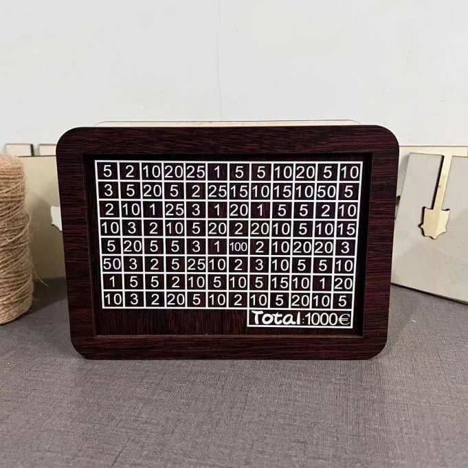 Retro style wooden digital coin bank with LED display and currency-themed design options.