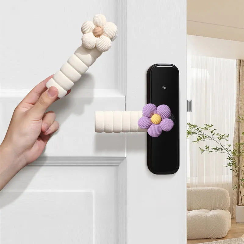 Round floral door handle protective casing in soft PEVA material showing anti-collision function