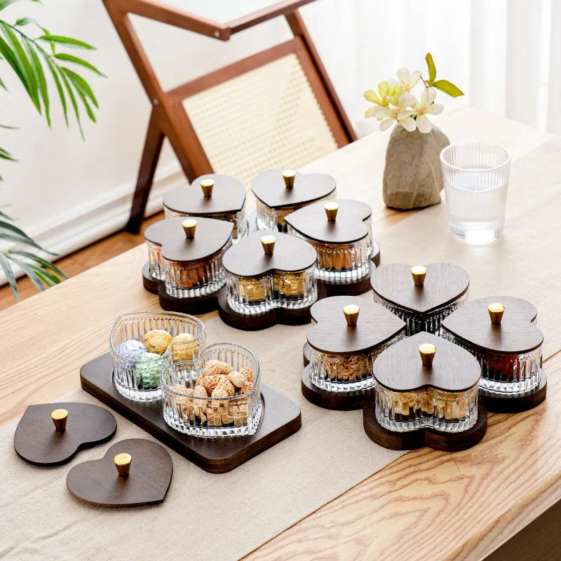Glass retro snack serving platter with heart-shaped lid in 2-grid, 3-grid, 4-grid or 5-grid compartment options.