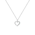 Close-up of a sterling silver hollow heart pendant necklace on a regular chain.