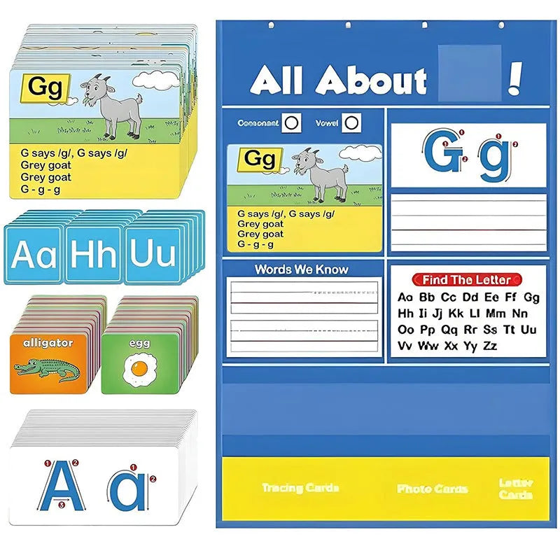 Large blue alphabet learning chart with scattered letter cards, word cards, and picture cards for children.