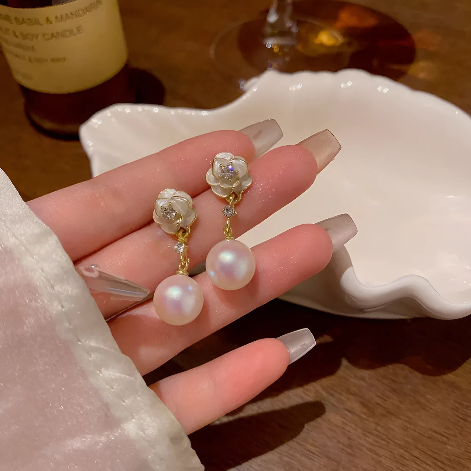 Camellia flower stud earrings with pearl accents for women, alloy floral jewellery