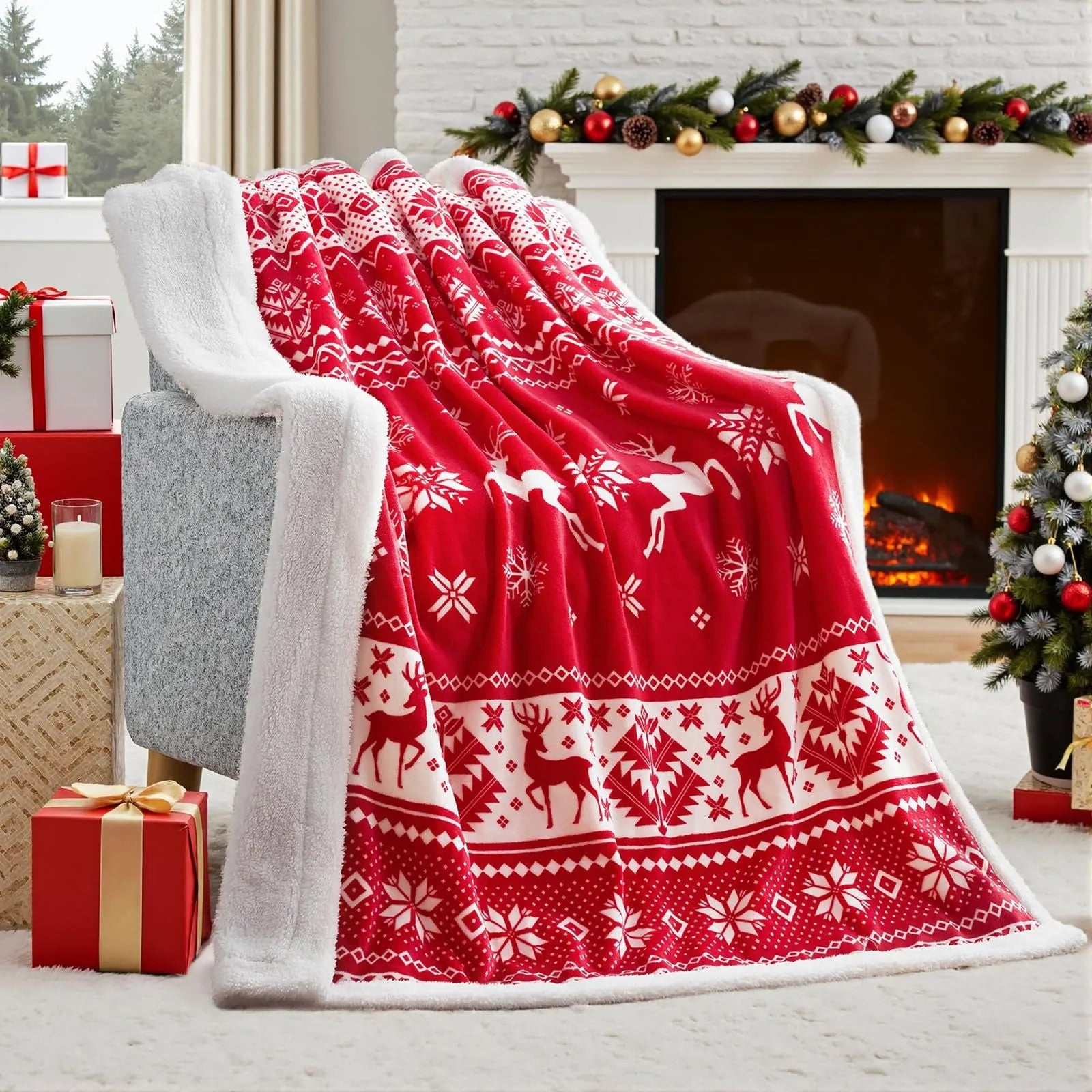 Soft polyester flannel Christmas blanket in American style with plush texture, showing available colour options