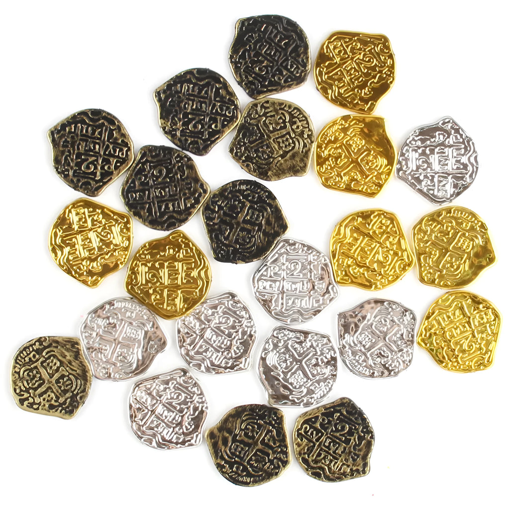 100 plastic Roman coin replicas with metallic bronze, gold, and silver electroplated finishes displayed together.