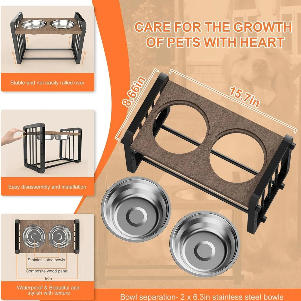 Black wooden dog bowl stand with non-slip bracket, dimensions 37x23cm.