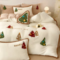 Bright yellow Christmas tree embroidery bedding set with fleece lining, showing quilt cover and pillowcases