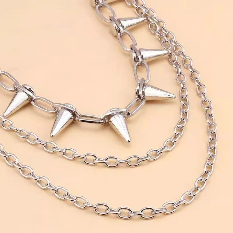 Silver metal pants chain with double-layer design and rivet details for punk hip hop fashion