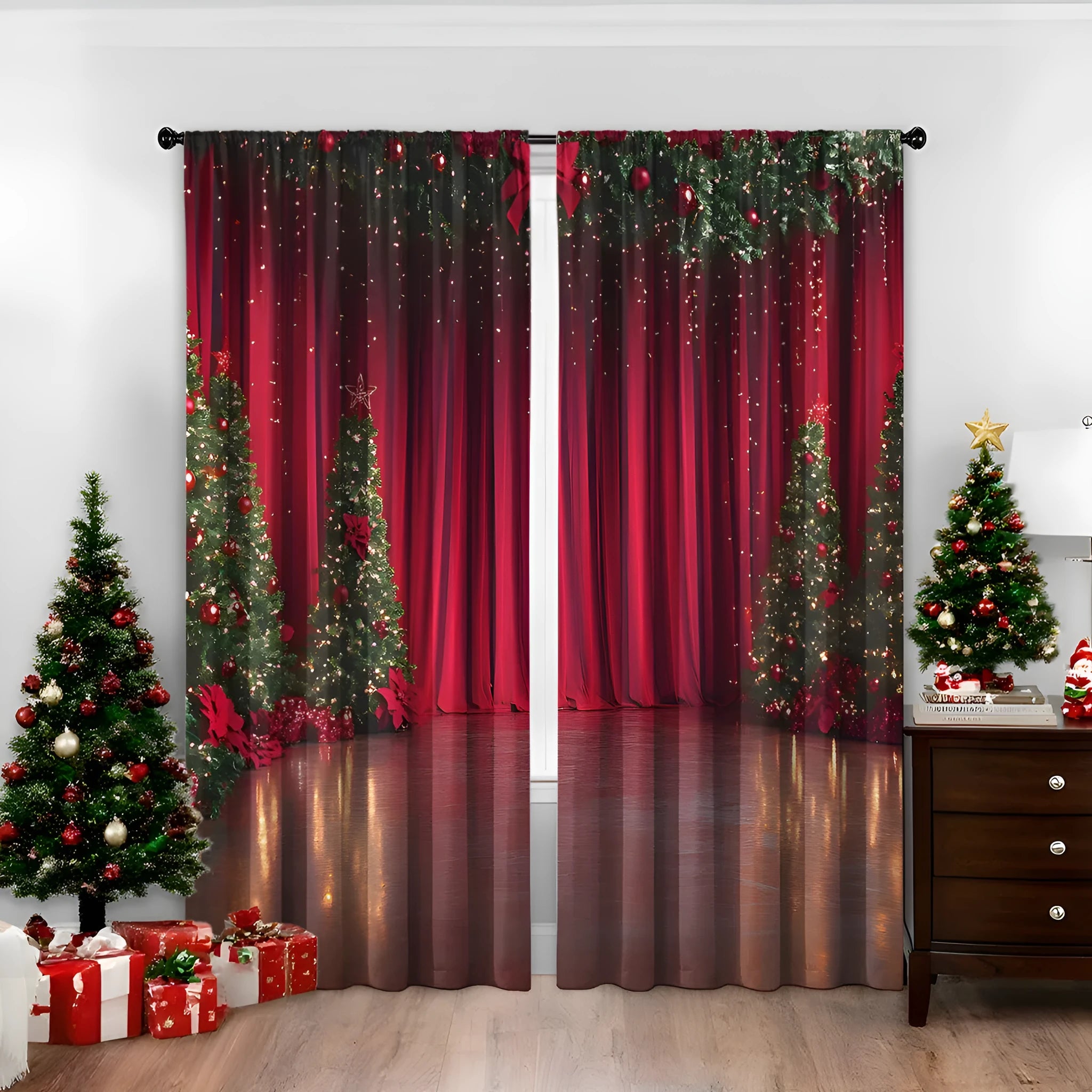A pair of 3D digitally printed Christmas curtains with festive patterns, made from polyester fabric.