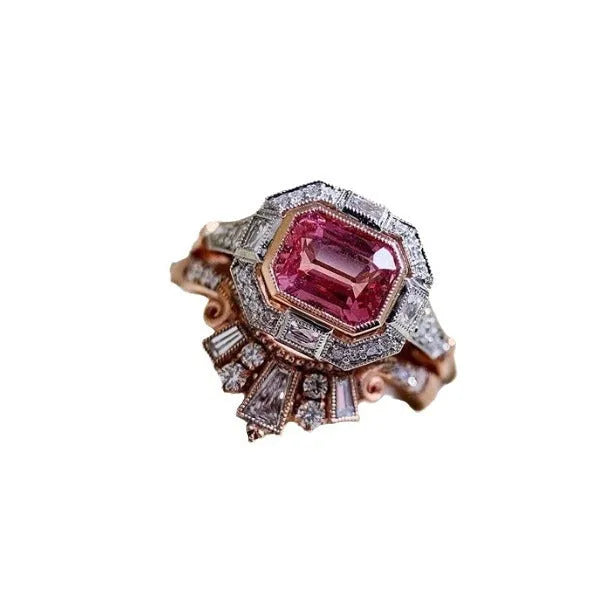 Rose gold geometric women's fashion ring with ruby detail in retro European and American style