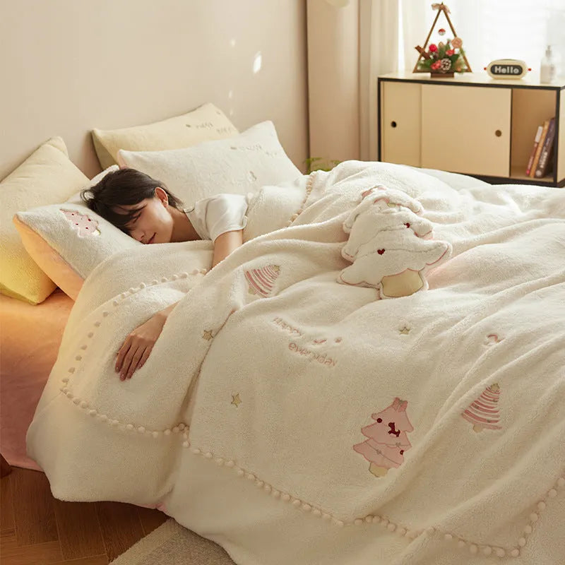 Green Christmas Tree pattern milk fibre bedding four-piece set with quilt cover and pillowcases