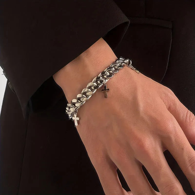 Men's titanium steel cross bracelet with geometric design in cold wind style
