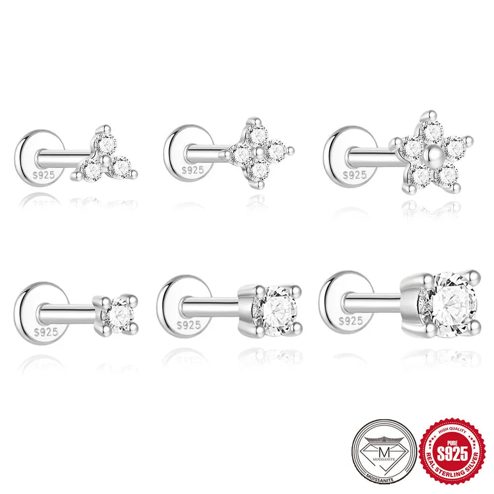 S925 sterling silver geometric petal stud earrings in platinum colour on ear.