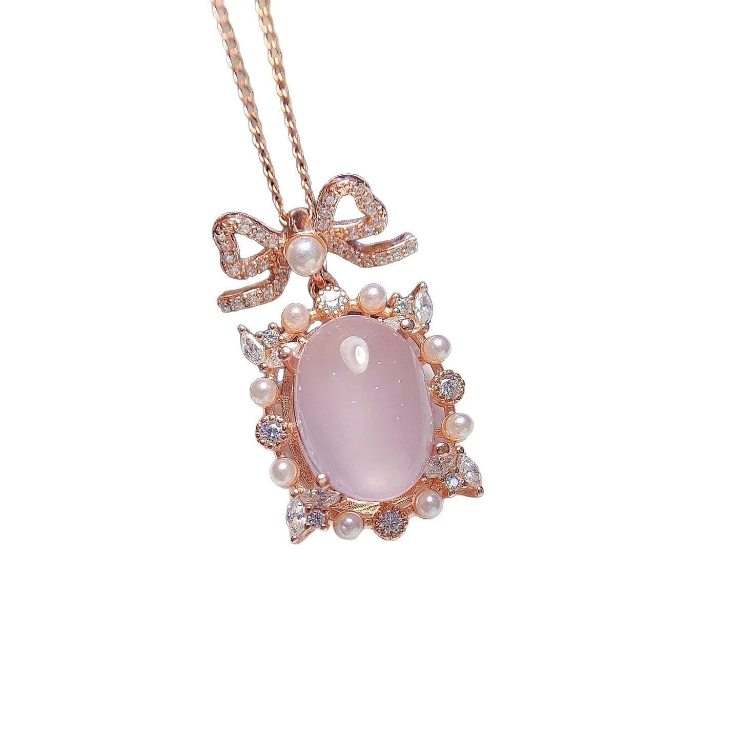 Rose quartz geometric pendant on rose gold plated silver chain necklace