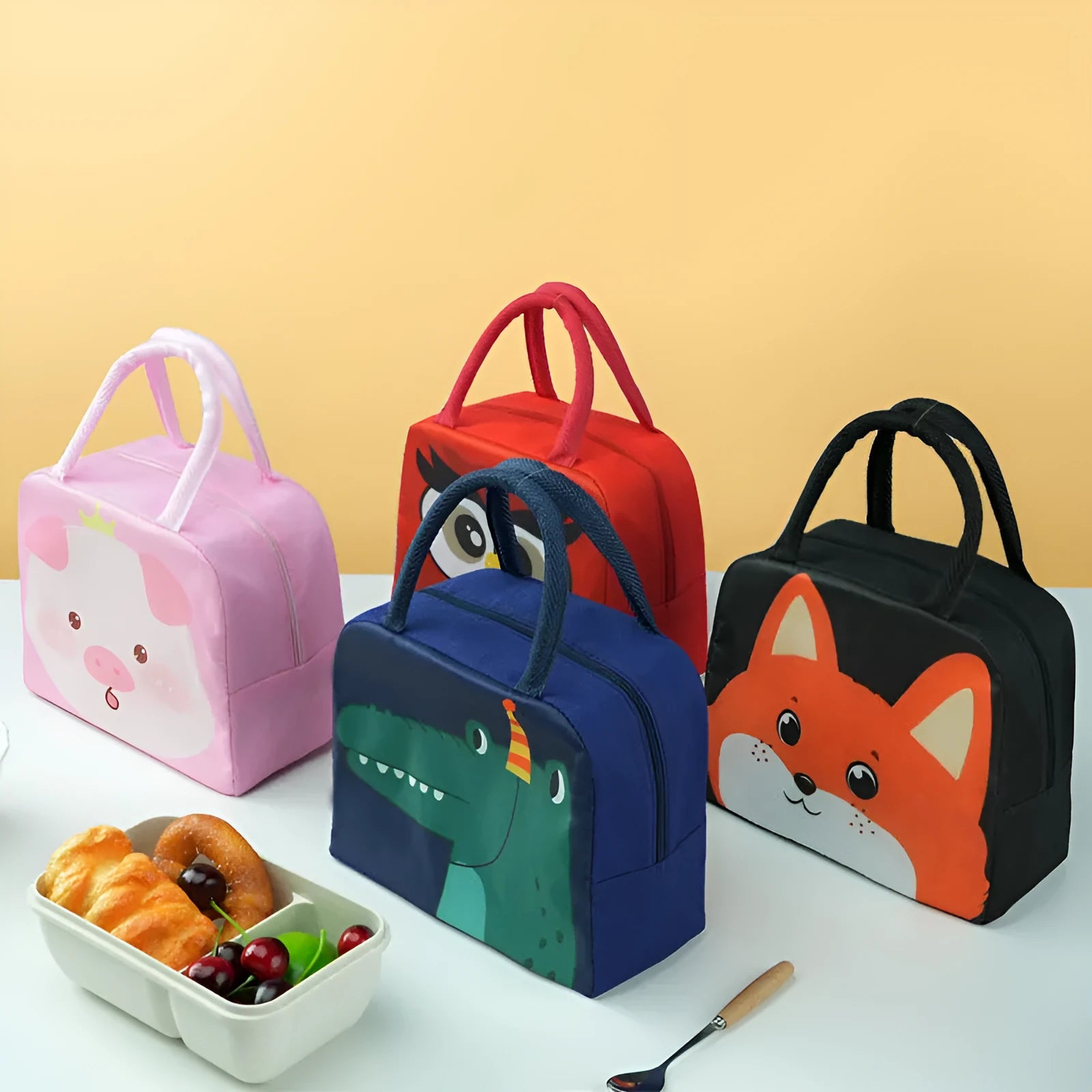 Children's insulated lunch box bag with thick aluminium foil insulation in cartoon animal designs