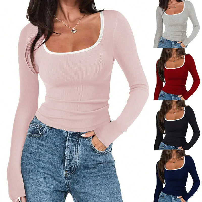 Women's square collar cotton pullover top in slim fit with long sleeves