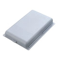 White plastic adhesive under-table storage box with a cover open, showing internal grid compartments.