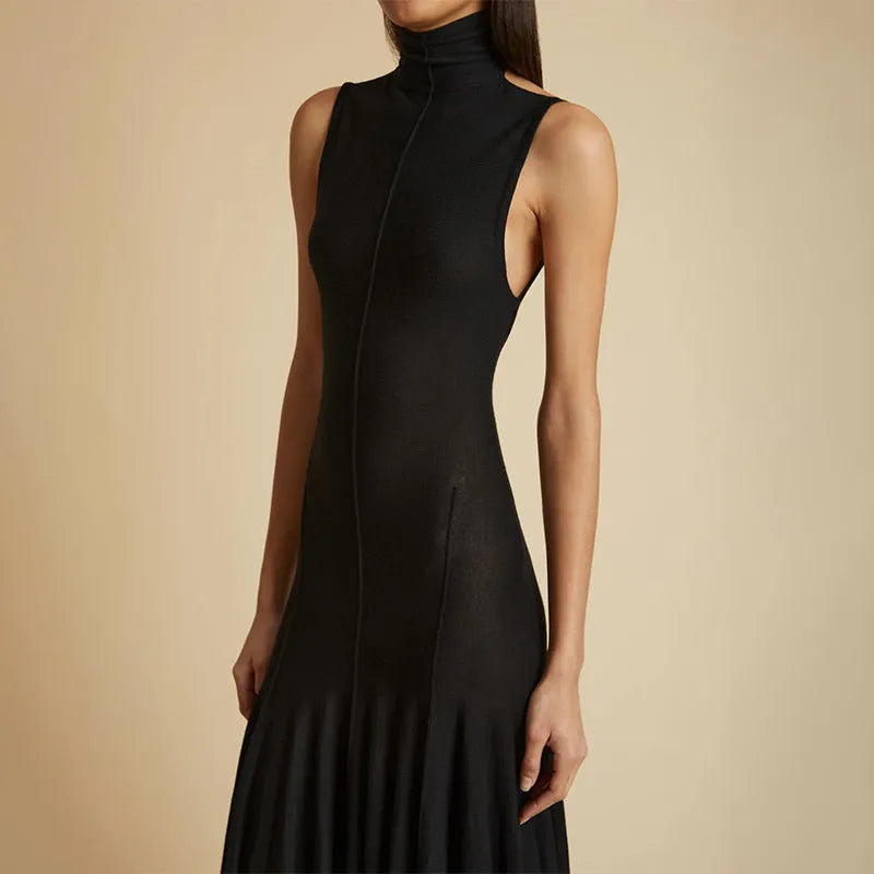 Women's grey cotton backless dress with half turtleneck and high waist