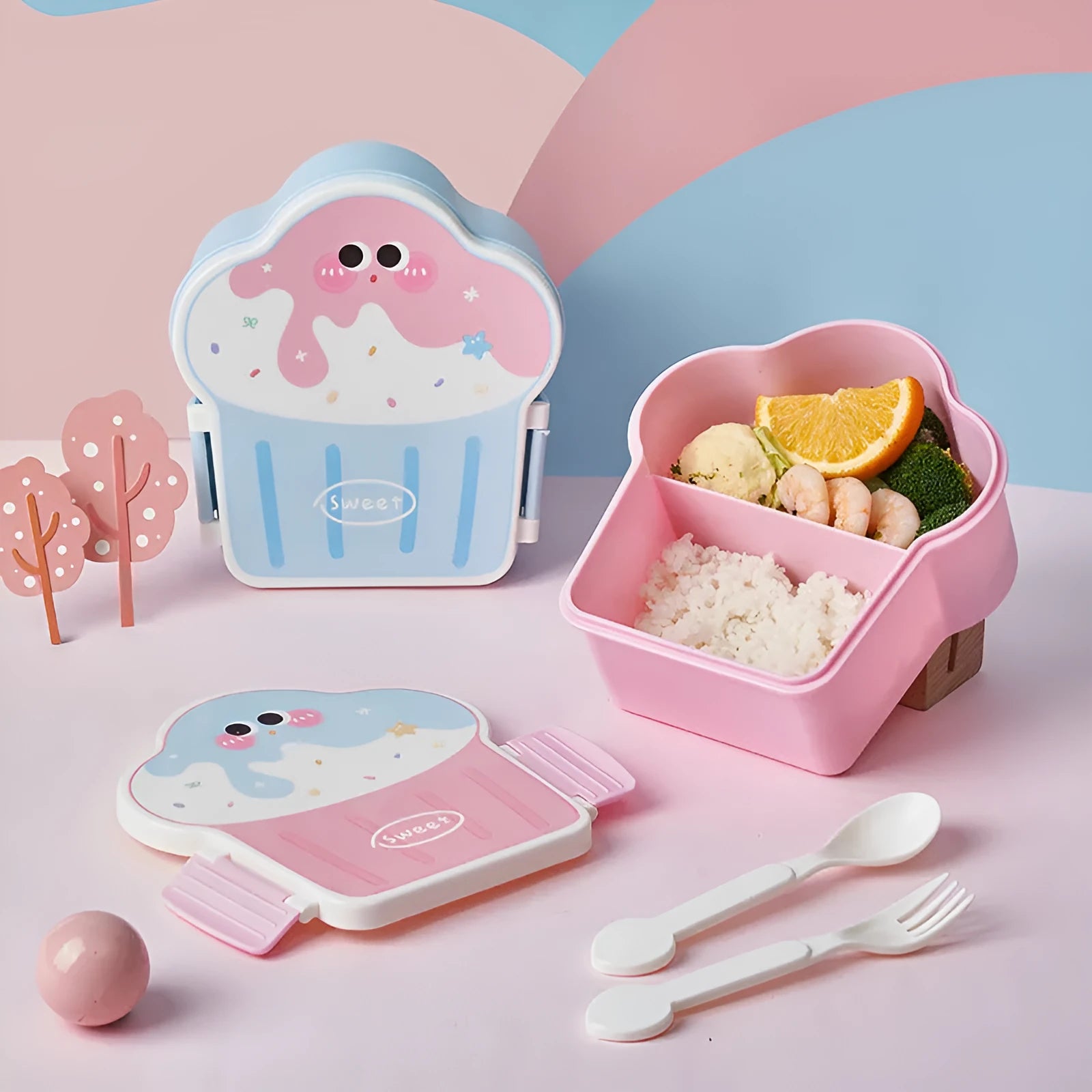Ice cream shaped plastic lunch box with compartments and included spoon and fork
