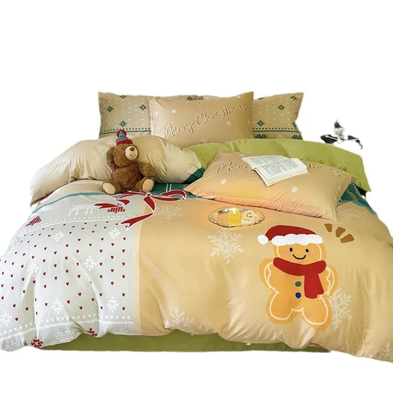 Christmas cartoon printed bedding four-piece set showing gingerbread man design on super soft washed cotton