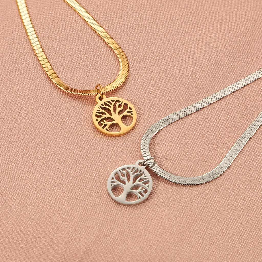 Stainless steel lucky tree clavicle chain necklace with titanium steel pendant on snake bones chain