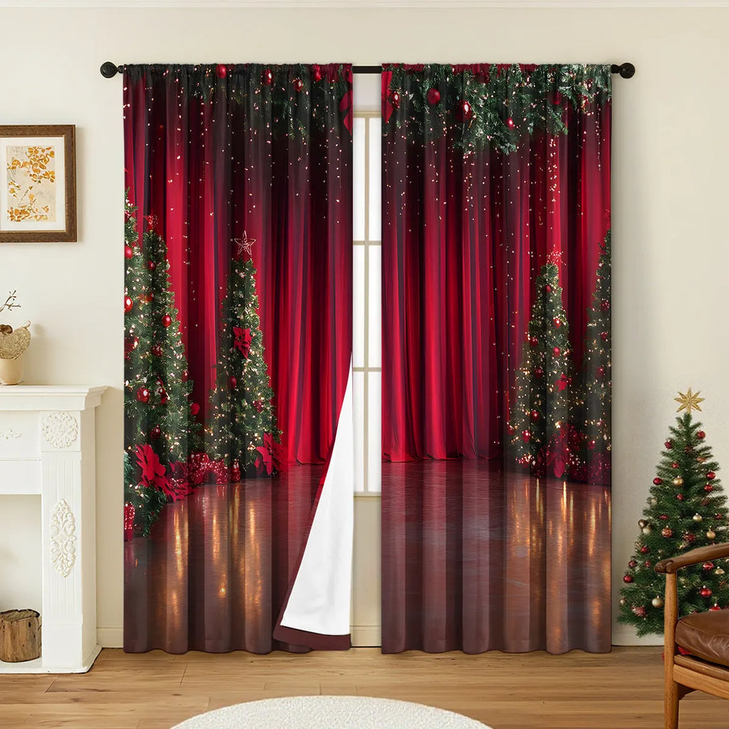 A pair of 3D digitally printed Christmas curtains with festive patterns, made from polyester fabric.