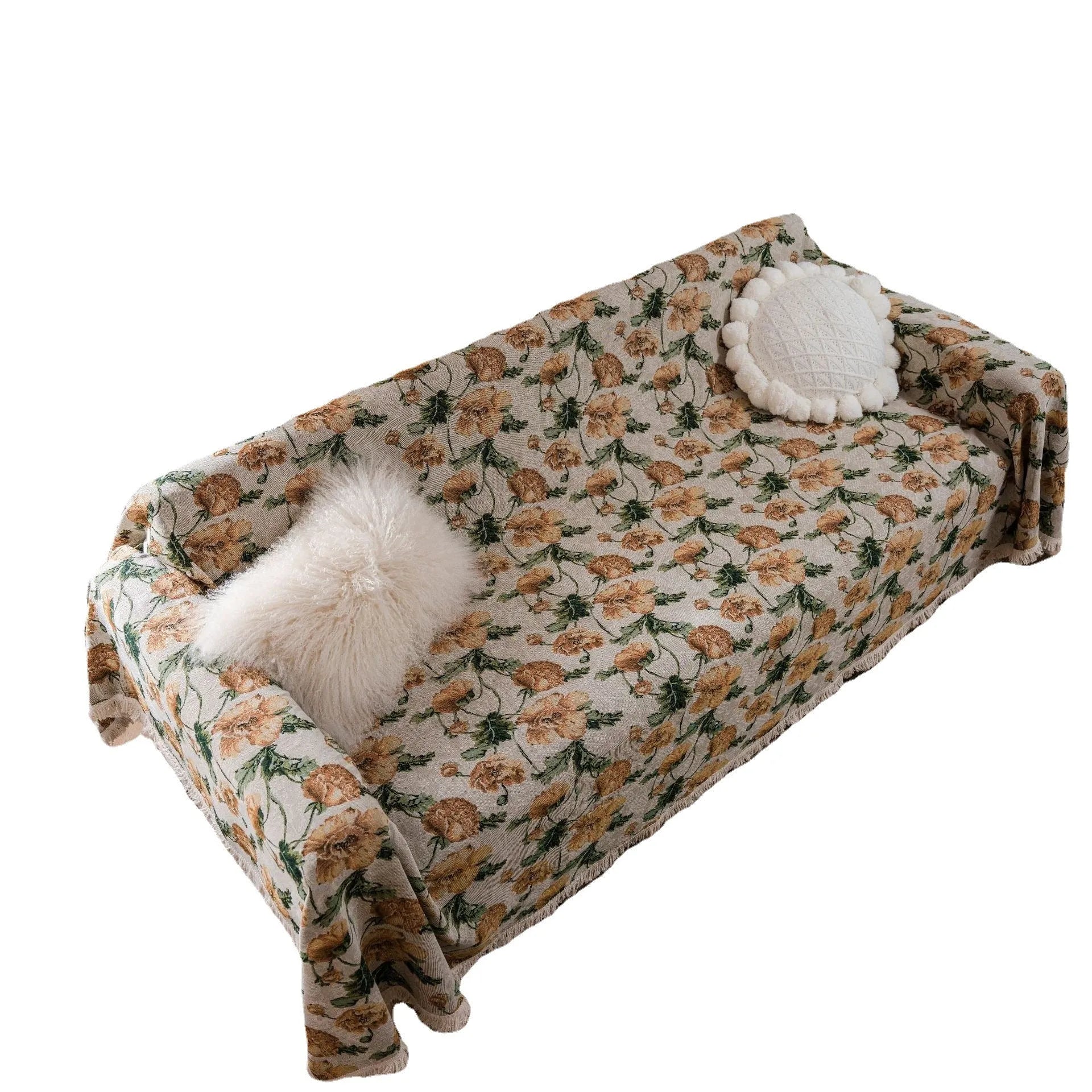 American country style floral jacquard pattern sofa cover in polyester cotton on a sofa.