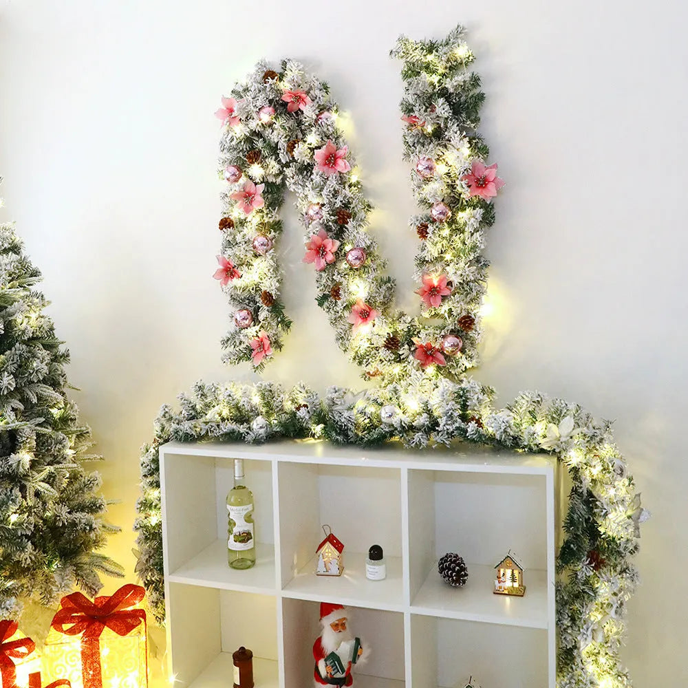 Christmas rattan garland with flocked finish in classic American style, shown in golden colour