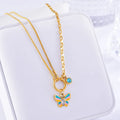 Gold titanium steel necklace and bracelet set with colourful epoxy butterfly pendants on snake bones chains.