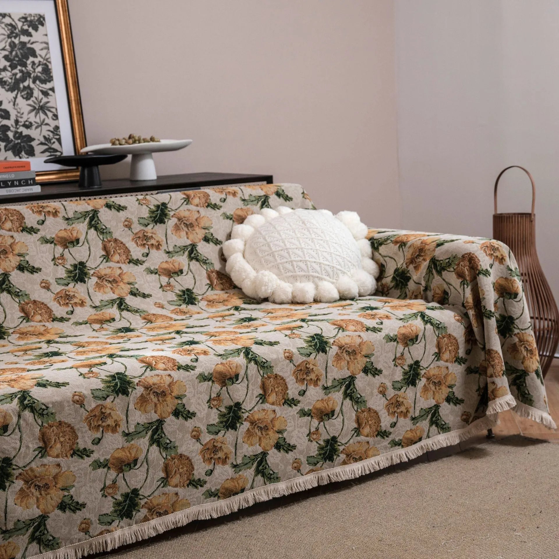 American country style floral jacquard pattern sofa cover in polyester cotton on a sofa.