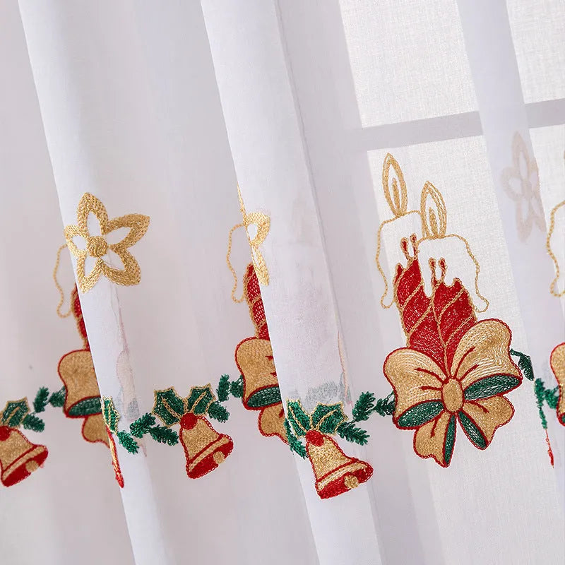 Pair of white Christmas curtains with embroidered red snowflake pattern