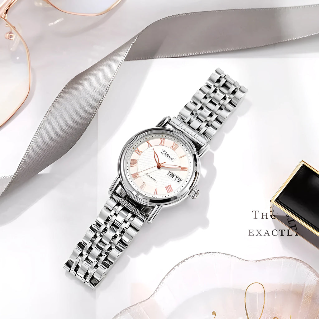 Women's automatic mechanical fashion watch with steel or leather strap options