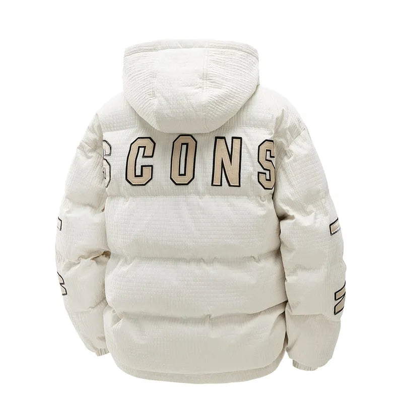 Men's black winter coat with hood and side pockets in Korean-style design