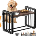 Black wooden dog bowl stand with non-slip bracket, dimensions 37x23cm.