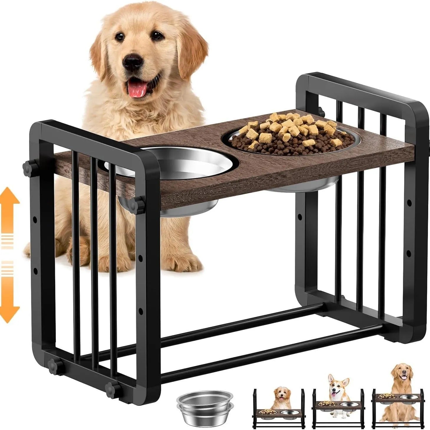 Black wooden dog bowl stand with non-slip bracket, dimensions 37x23cm.