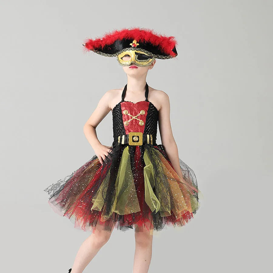 Girls Halloween pirate costume dress with sequin gauze fabric and pirate skirt design