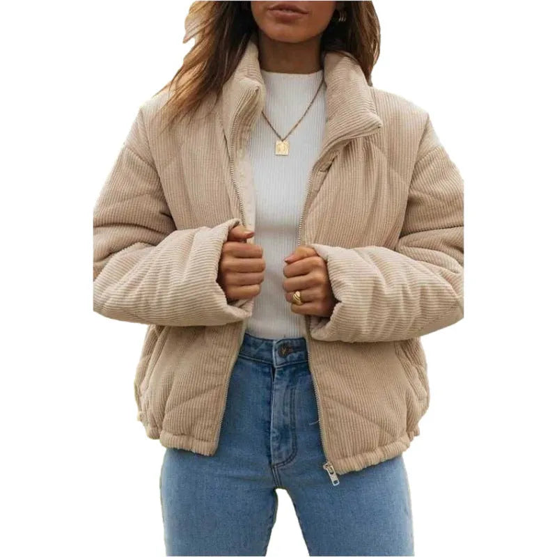 Women's Apricot corduroy zip-front jacket with a stand collar and wadded construction.