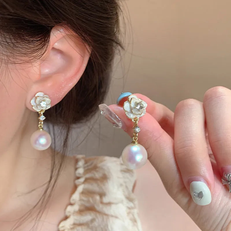 Camellia flower stud earrings with pearl accents for women, alloy floral jewellery
