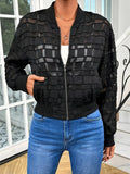 Black women's casual jacket with geometric pattern, front zipper, and long sleeves