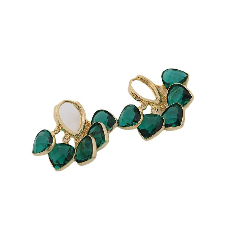 Korean style green heart glass ear clip earrings with artificial gemstone inlay