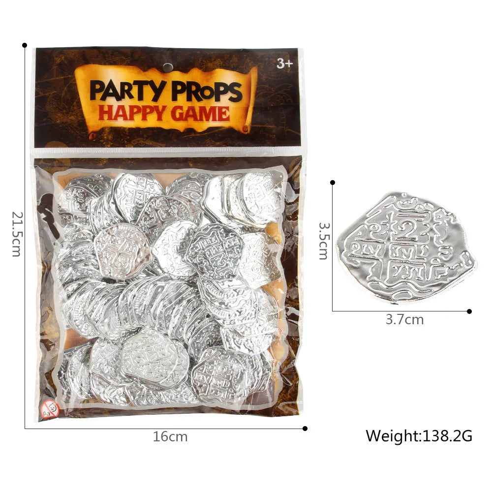 100 plastic Roman coin replicas with metallic bronze, gold, and silver electroplated finishes displayed together.