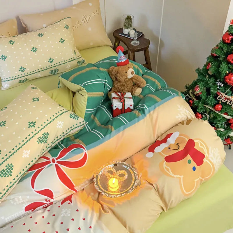 Christmas cartoon printed bedding four-piece set showing gingerbread man design on super soft washed cotton