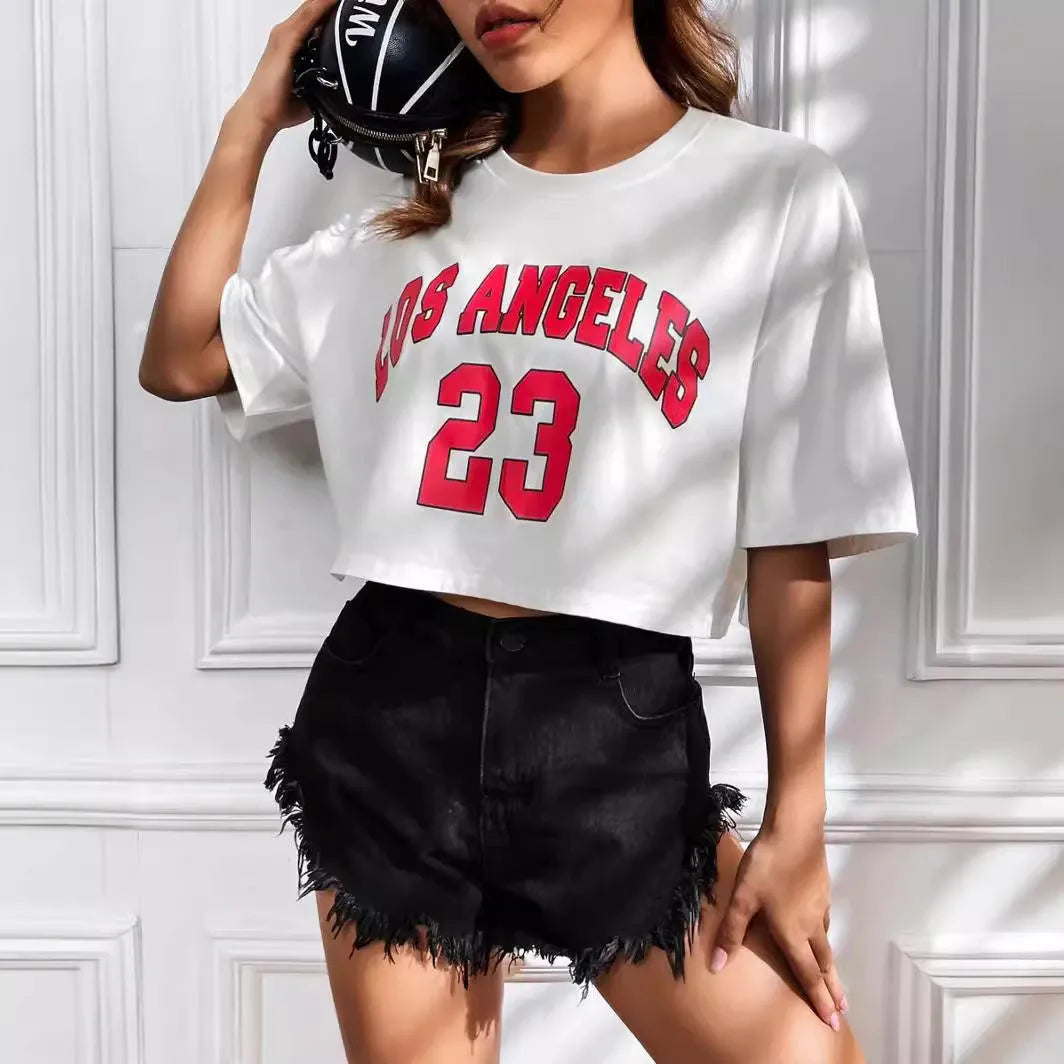 Personalised English letters cotton T-shirt with loose fit and exposed navel detail in black or white colours
