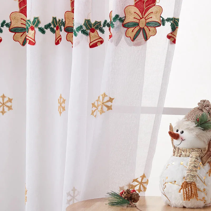 Pair of white Christmas curtains with embroidered red snowflake pattern