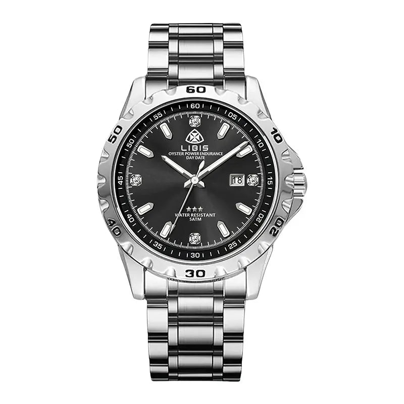 Men's silver business watch with stainless steel strap and sapphire crystal glass