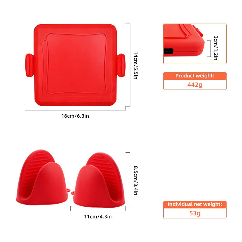 Red silicone baking tray with matching oven gloves on kitchen counter