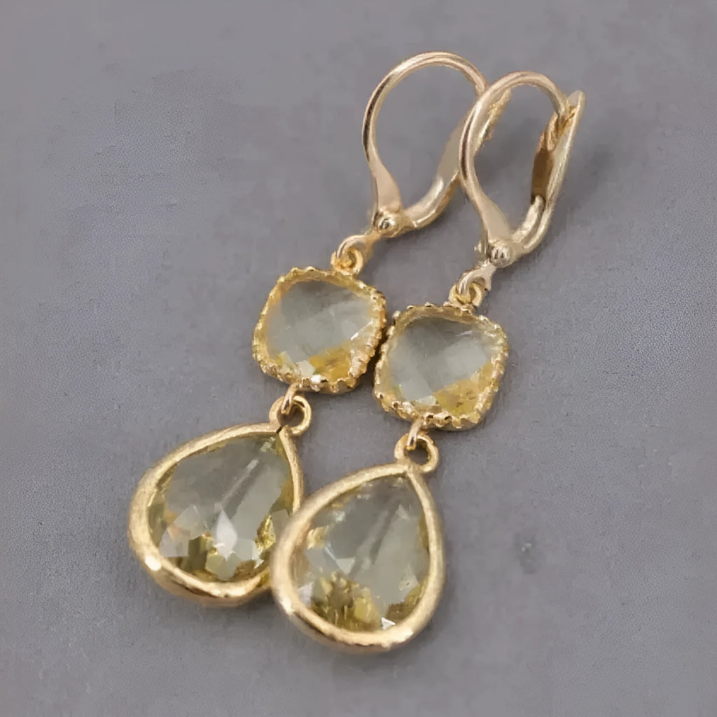 Gold geometric crystal fringe drop earrings with water droplet elements