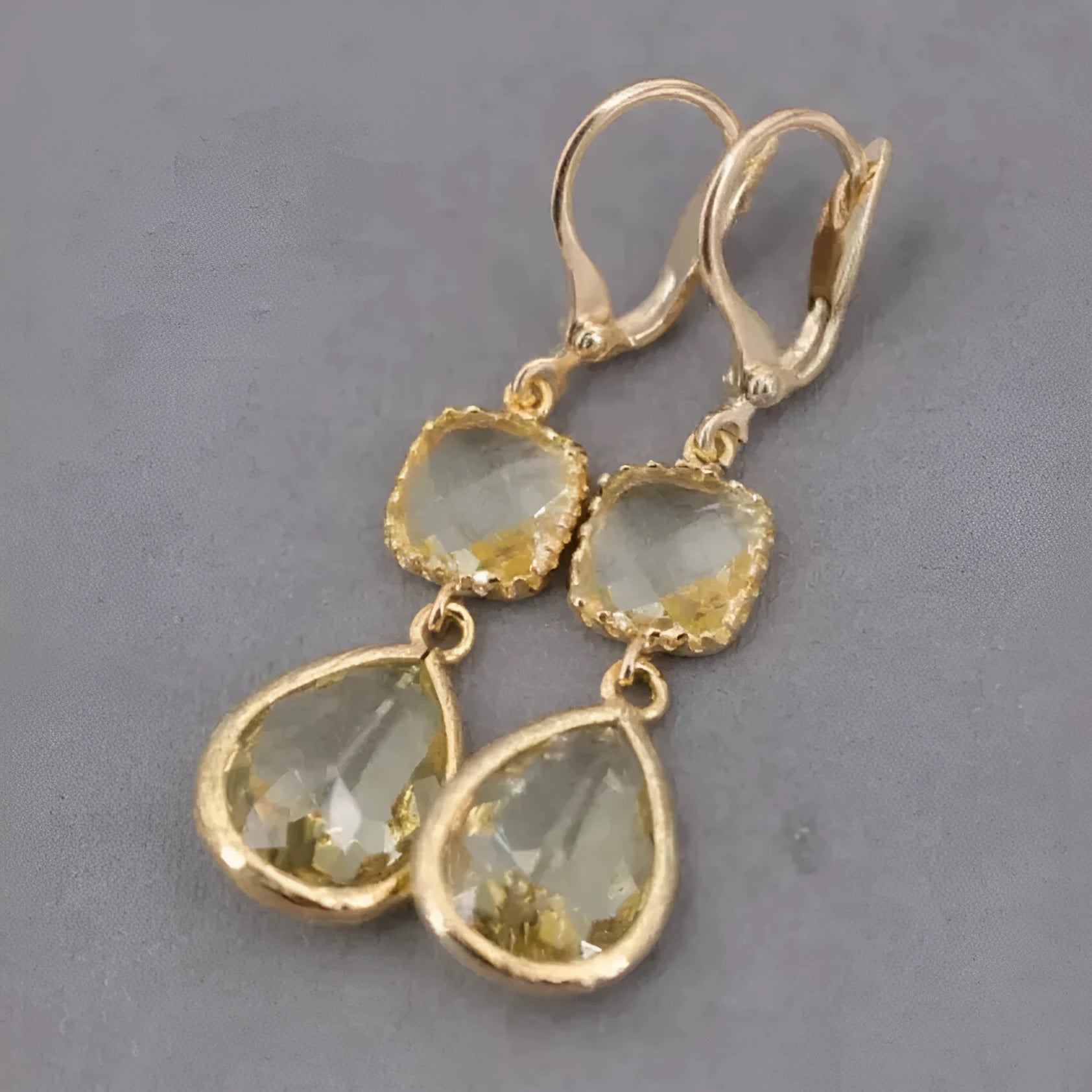 Gold geometric crystal fringe drop earrings with water droplet elements