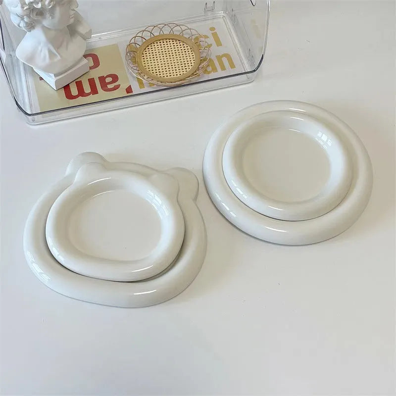 White ceramic plant tray with bear or round doodle design in 15cm or 20cm size
