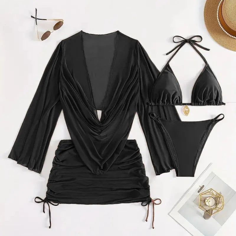 Women's dark brown lace-up backless bikini swimsuit with brief style and sleeveless design