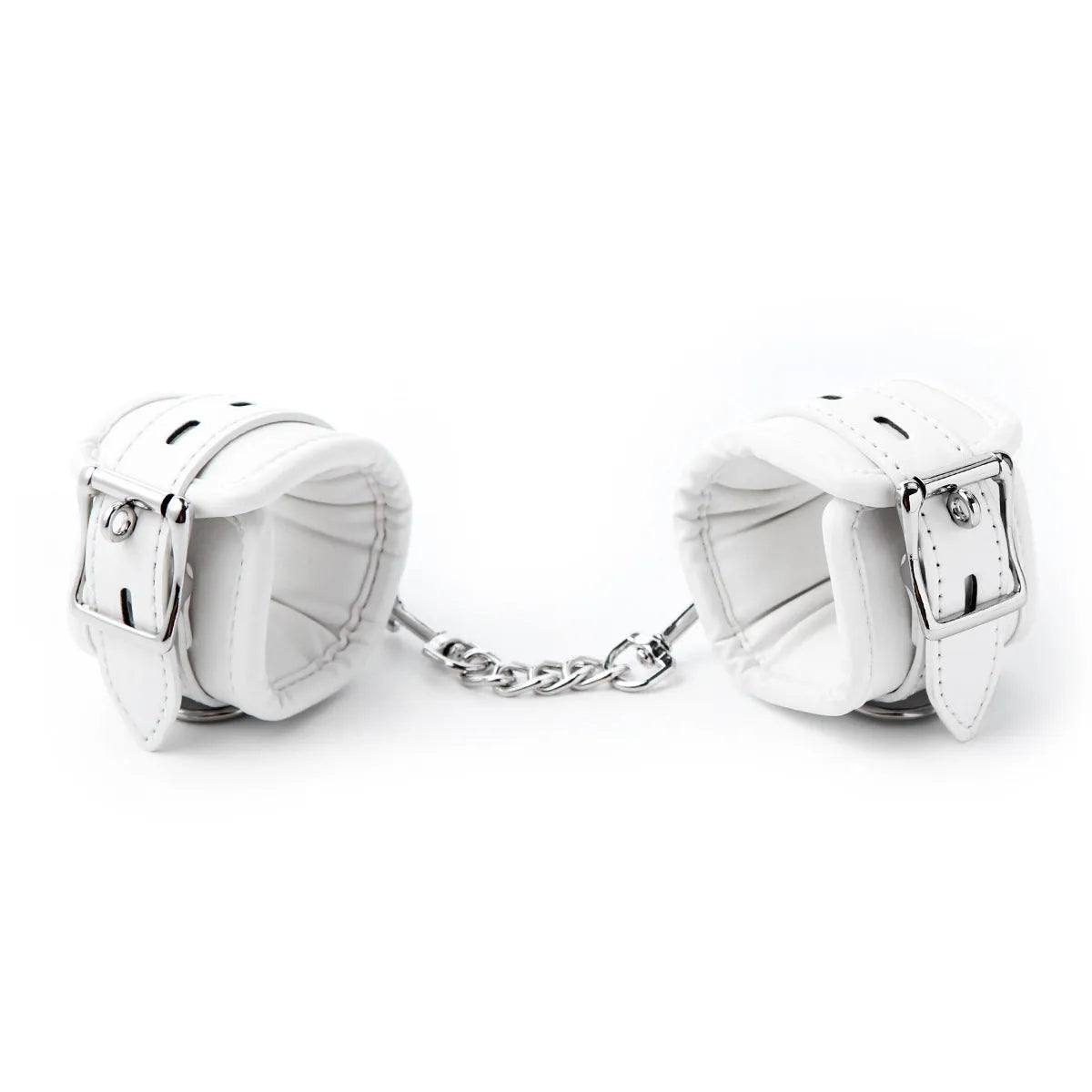 White PU sponge bondage restraint set showing handcuffs, footcuffs, and neck scarf components